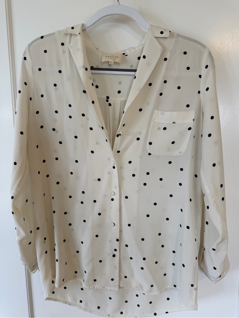 Sezane Cream Blouse with Black Polka Dots
